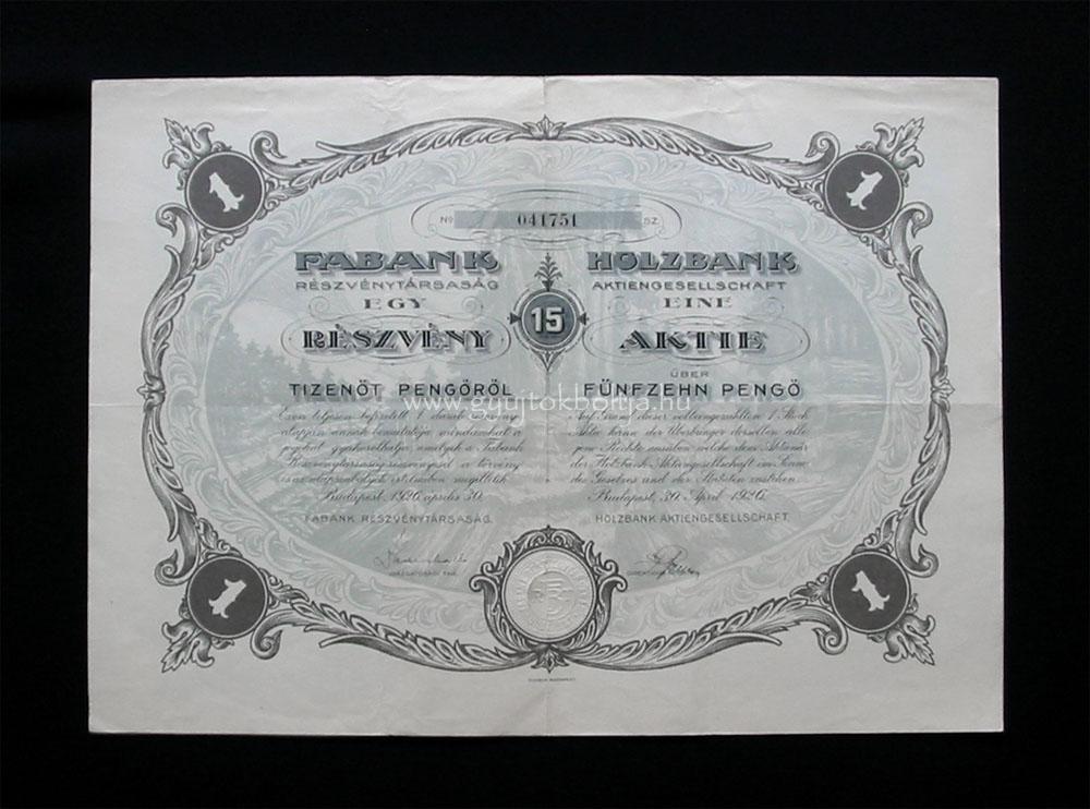 Fabank Részvénytársaság részvény 15 pengő 1926